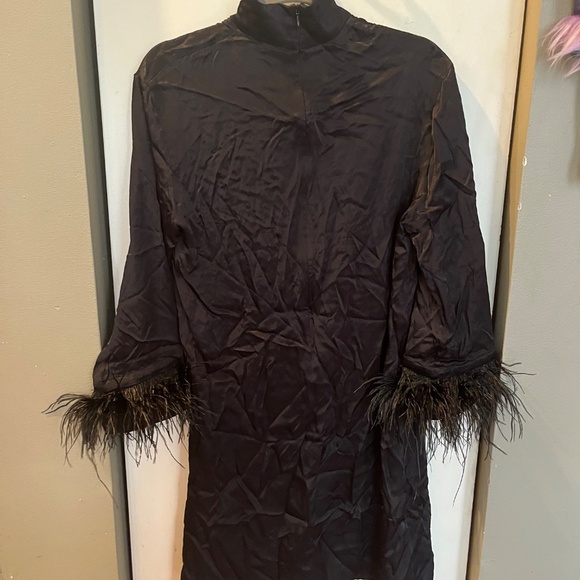 Sleeper NWT Elegant Black Silky Satin Party Ostrich Feather Trim Dress Size S - Picture 3 of 8